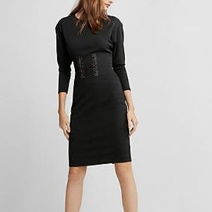 Black, 3/4 sleeve, midi dress with attached corset